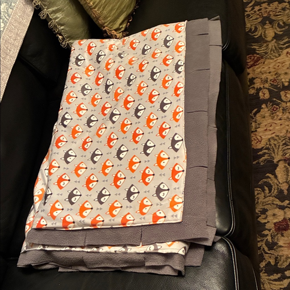 Animal Print Fox Blanket with Gray Trim & Reversible Gray side. Size 58.5” X 70”